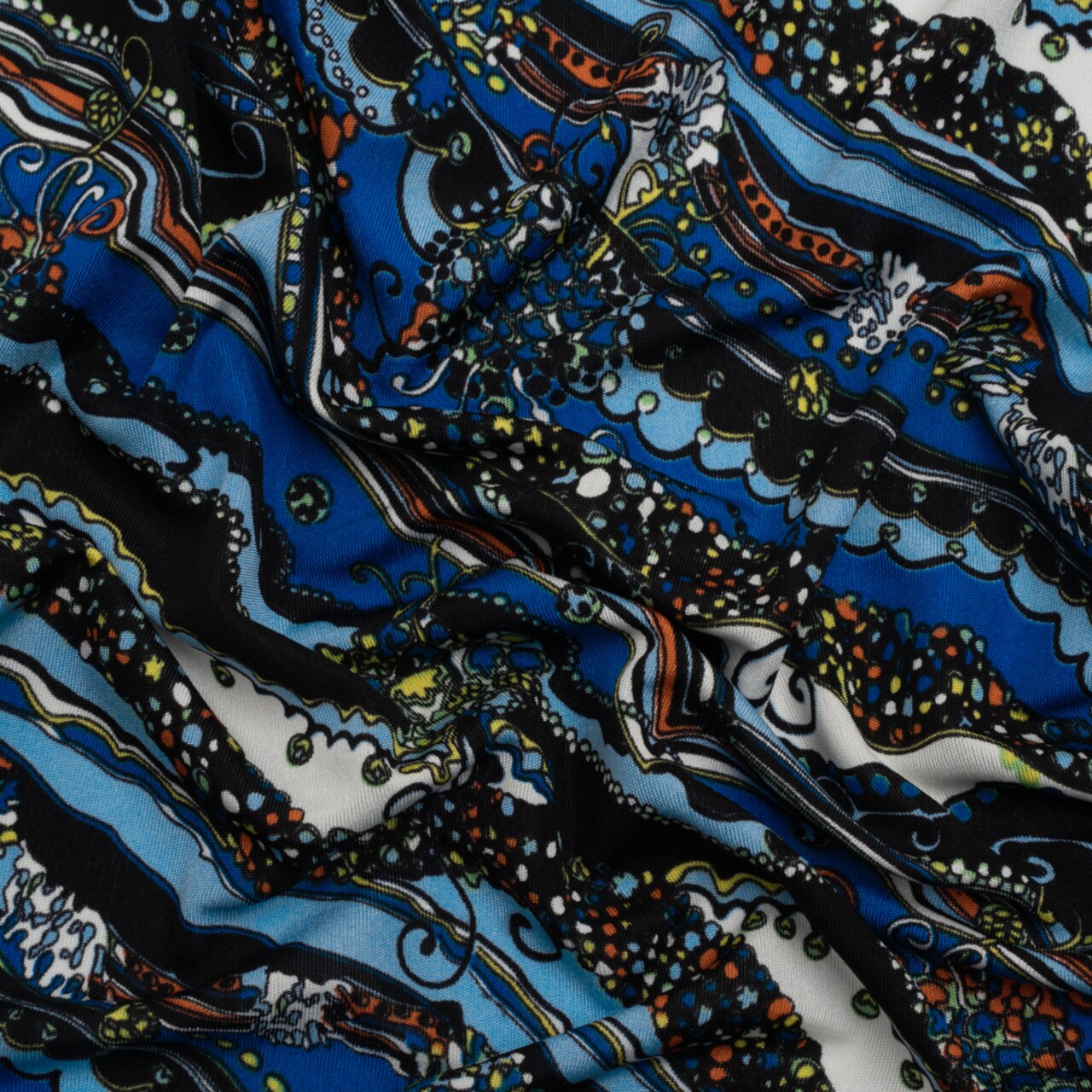 1 Yard Blue, Orange and Black Fancy Diagonal Stripes Silk Jersey 44" Wide, Abstract Stripe Fabric for Dresses & Tops